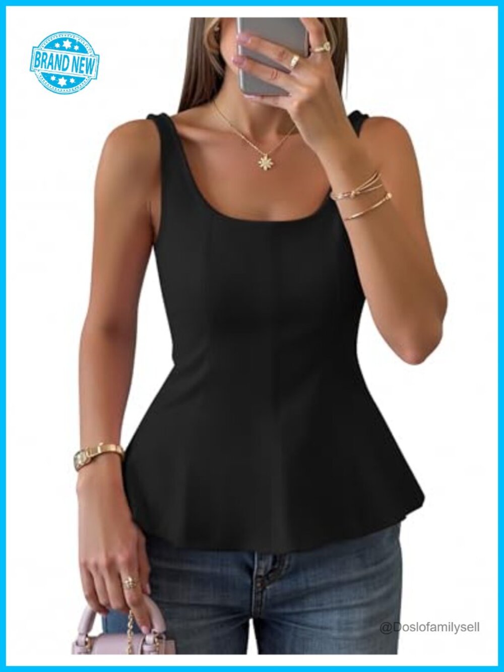 Sleeveless Square Neck Peplum Ruffle Hem Tank Top Womens Summer Vest